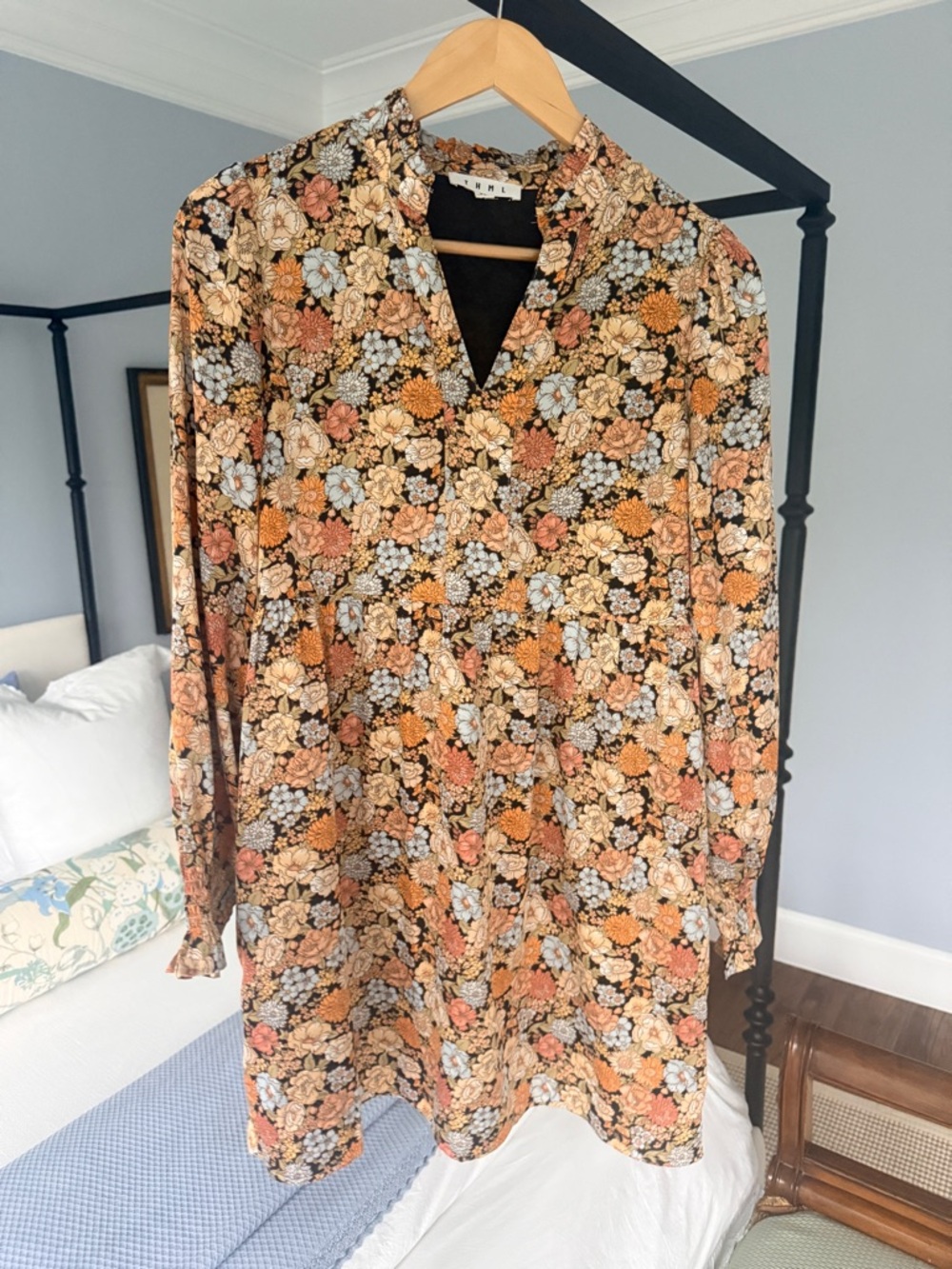 THML Floral Button-Up Tunic in Black, Orange, Cream, Blue